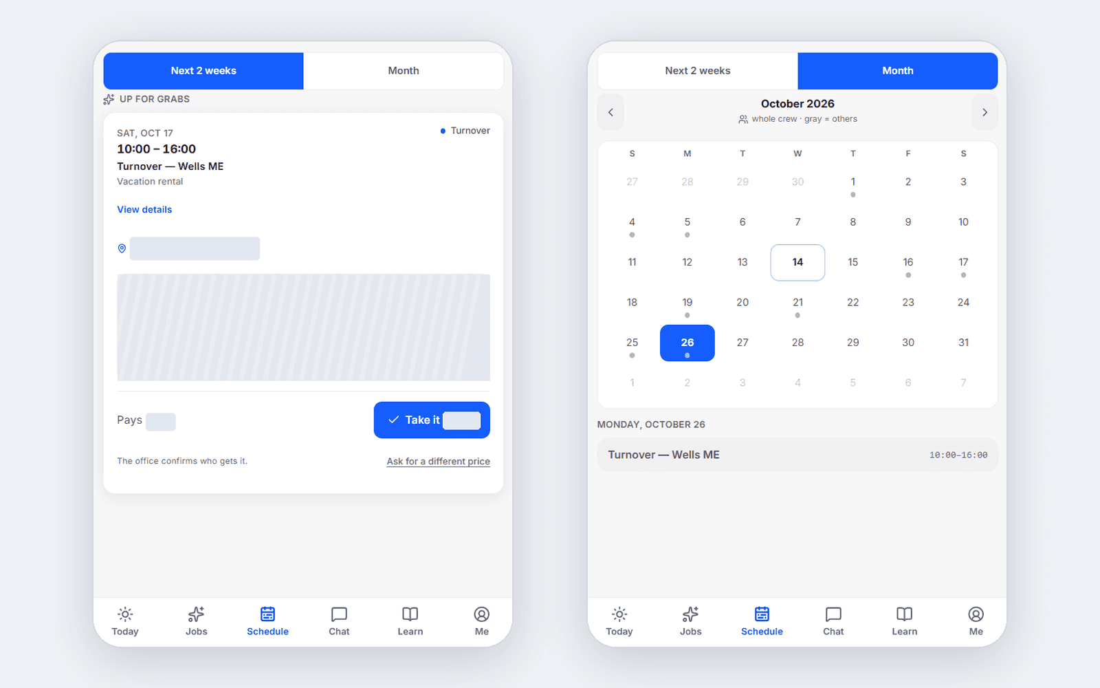 Turnover scheduling — Vacation rental bookings automatically appear on the cleaning schedule, keeping turnover dates and assignments in one place.