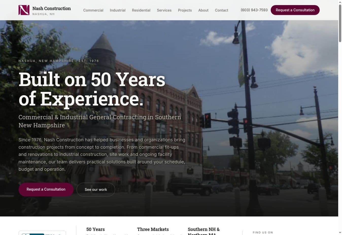 Nash Construction — A construction company website with service pages, a project portfolio, and a consultation form.